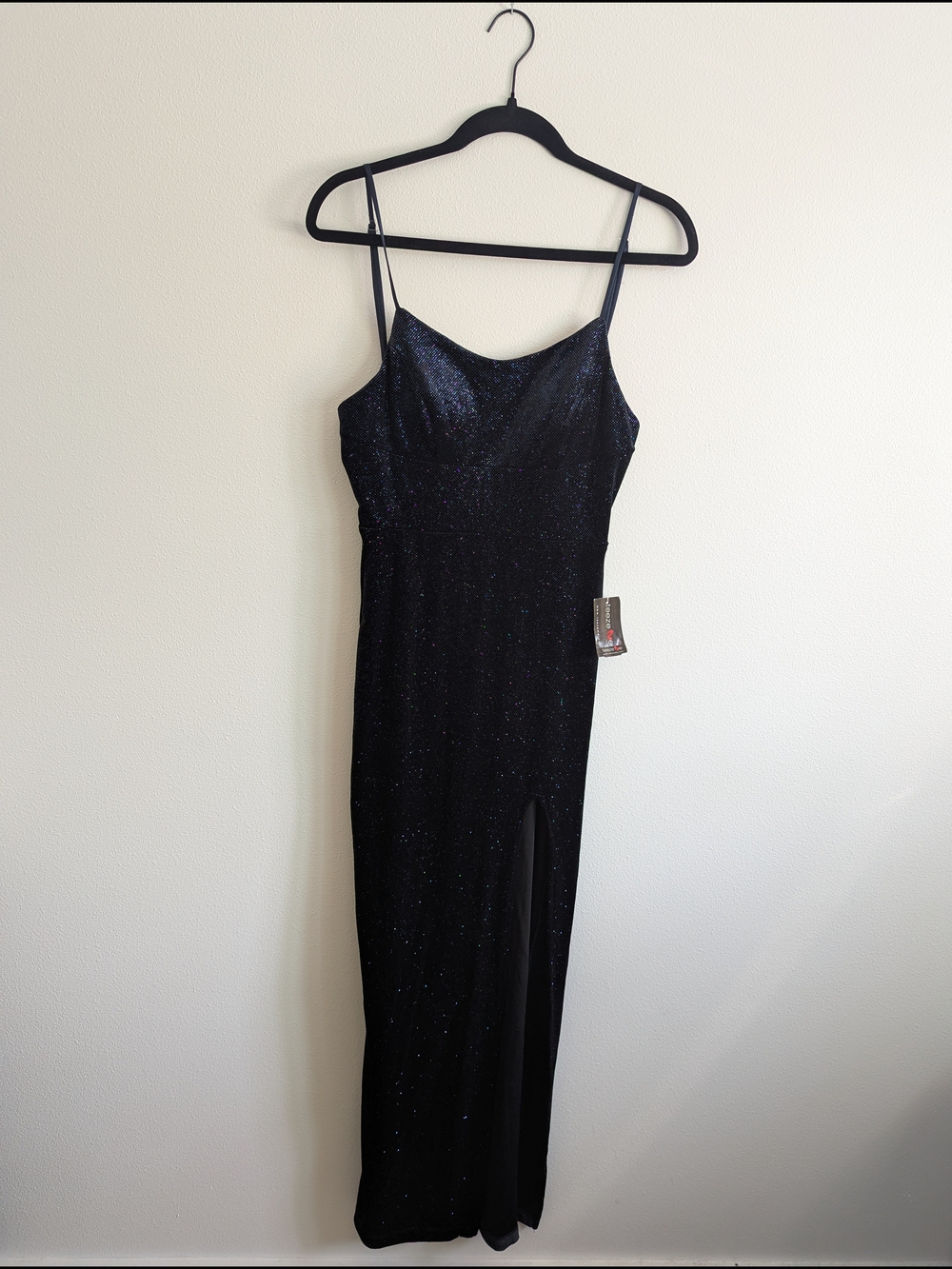 Teeze Me Blue Black Sparkle Maxi Velvet Dress with Front Slit, Corset Back Prom